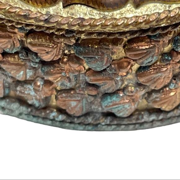 Vintage Velvet Lined Ring Box Brass Copper Embellished with Black Oval Stone - Picture 7 of 9